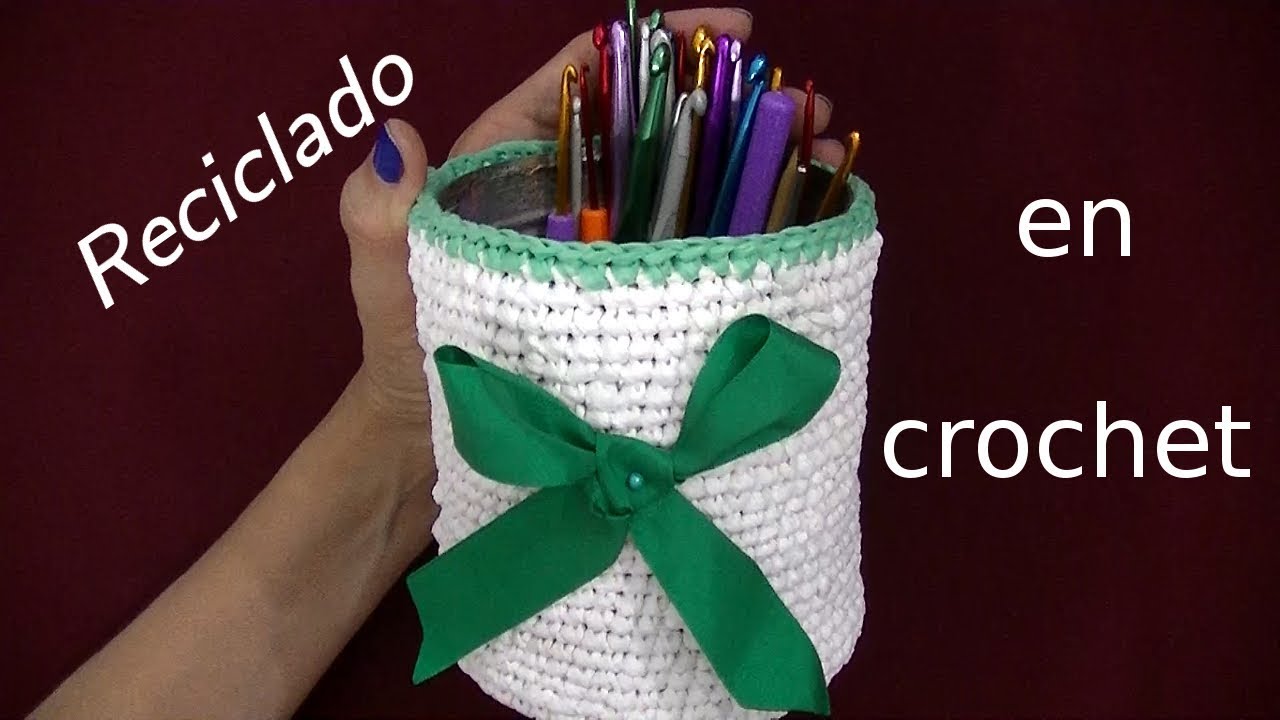 Como cubrir una LATA con #crochet o ganchillo y bolsas plásticas tutorial paso a paso.