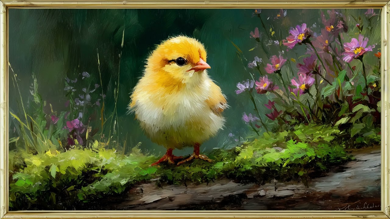 Spring Frame TV Art – Easter Baby Chick & Wildflowers | 4K Ambient Display (no music)
