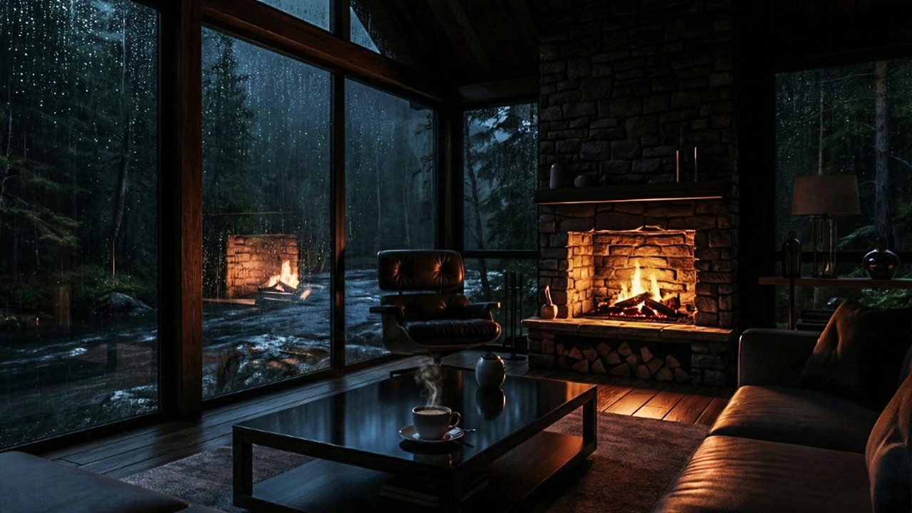 Cozy Luxury Cabin at Night - Heavy Rain on Window & Fireplace Sounds for Sleep & Relaxation