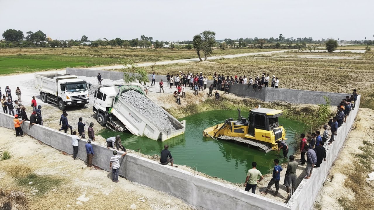 Wow!! Super Land Filling Up Mistake Truck Unloading Stone Gone Wrong Use Excavator and Bulldozer