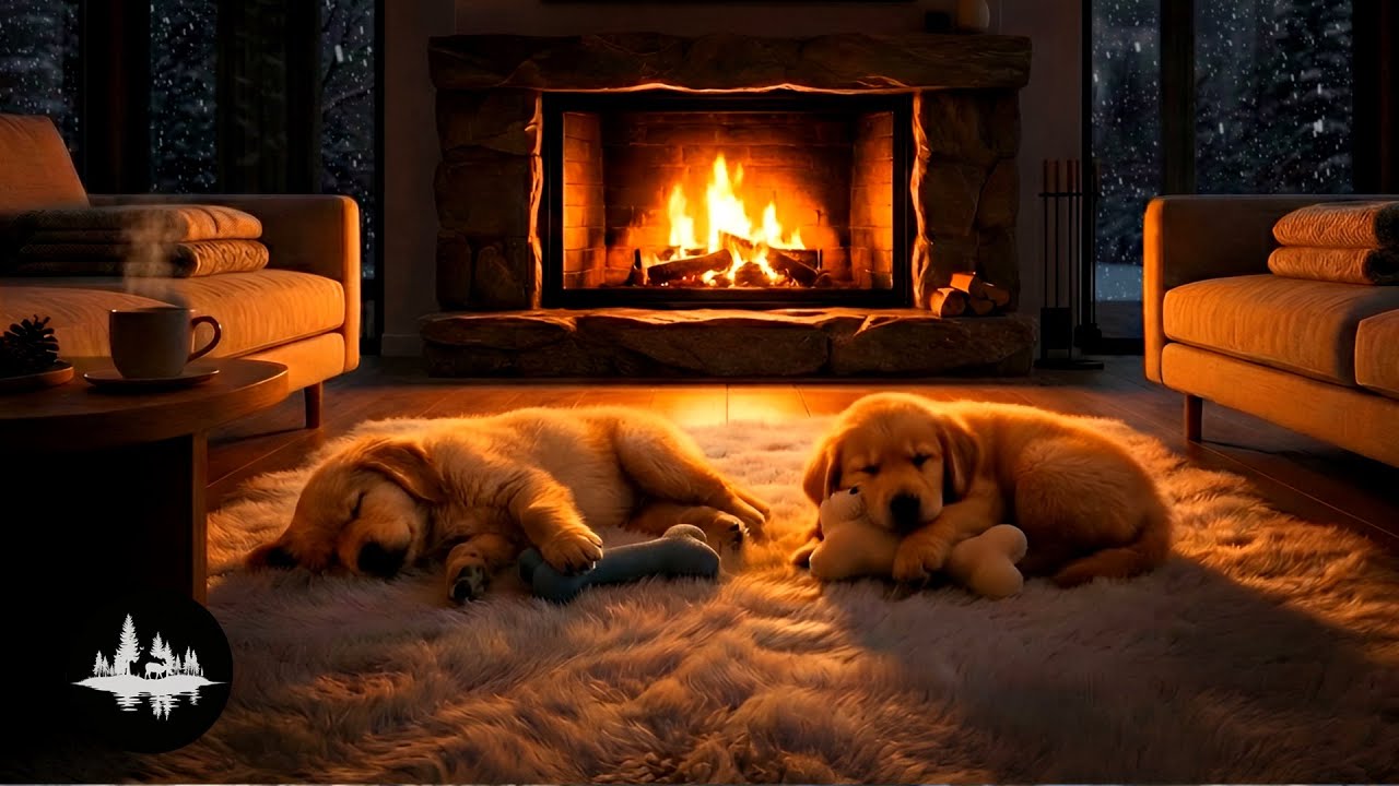 Cozy Winter Ambience with Crackling Fireplace & Sleeping Puppies - Relaxing Fire Sounds for Sleep