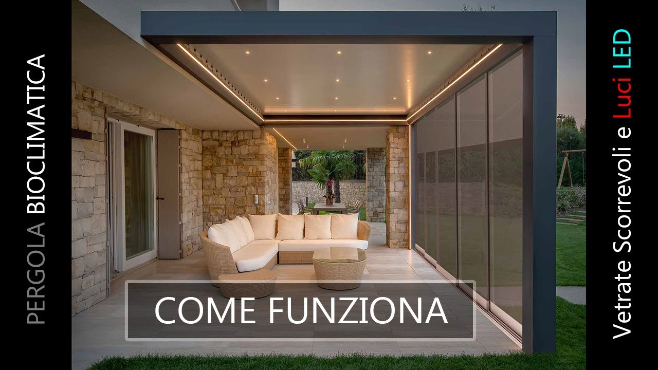 come funziona pergola bioclimatica alluminio con lamelle orientabili luci led e vetrate scorrevoli