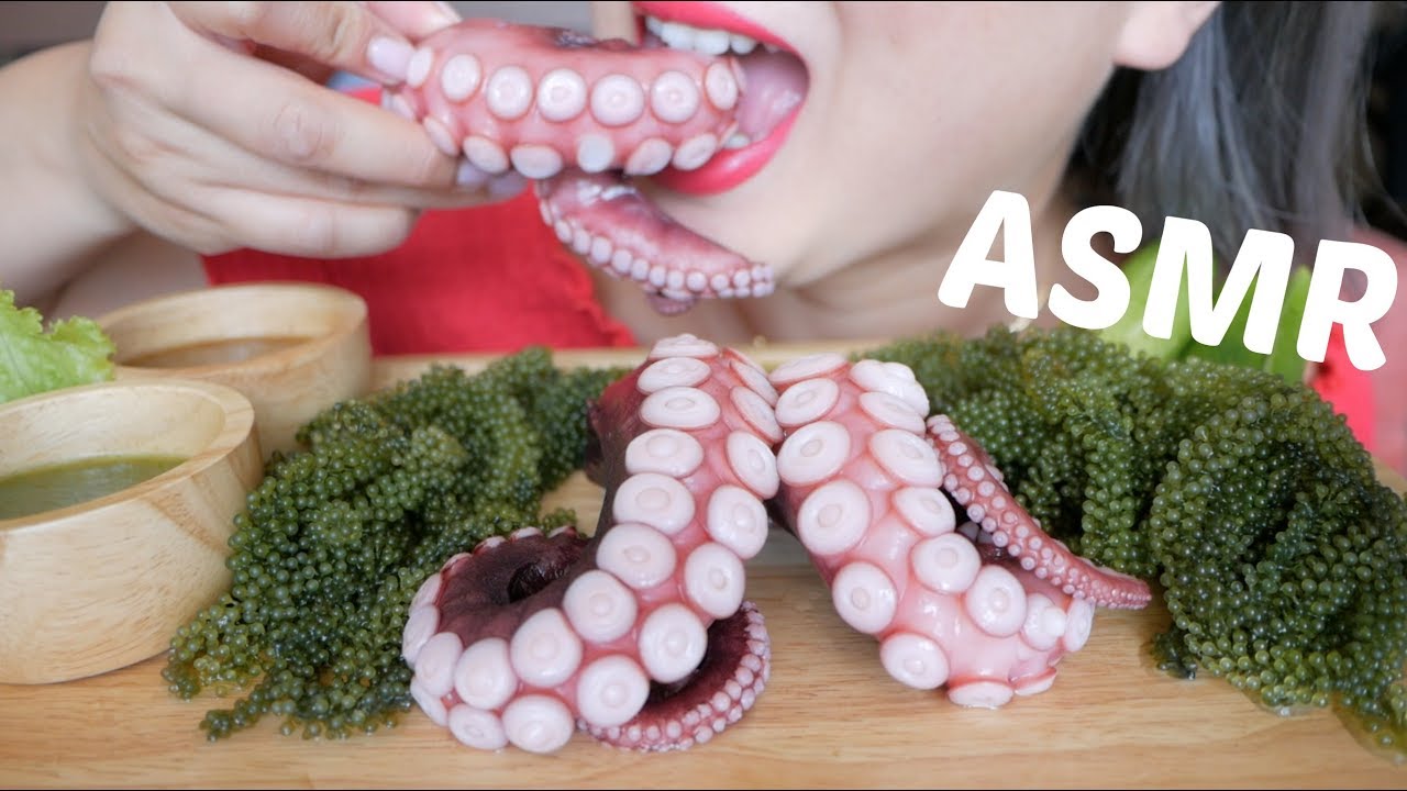ASMR Octopus Tentacle +RAW Sea Grapes |*NO Talking Crunchy Eating Sounds | N.E Let's Eat