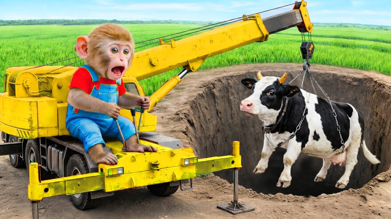 Monkey Bin used a tractor to rescue his dairy cow after it fell into a large pit  | FUN ANIMAL LIFE