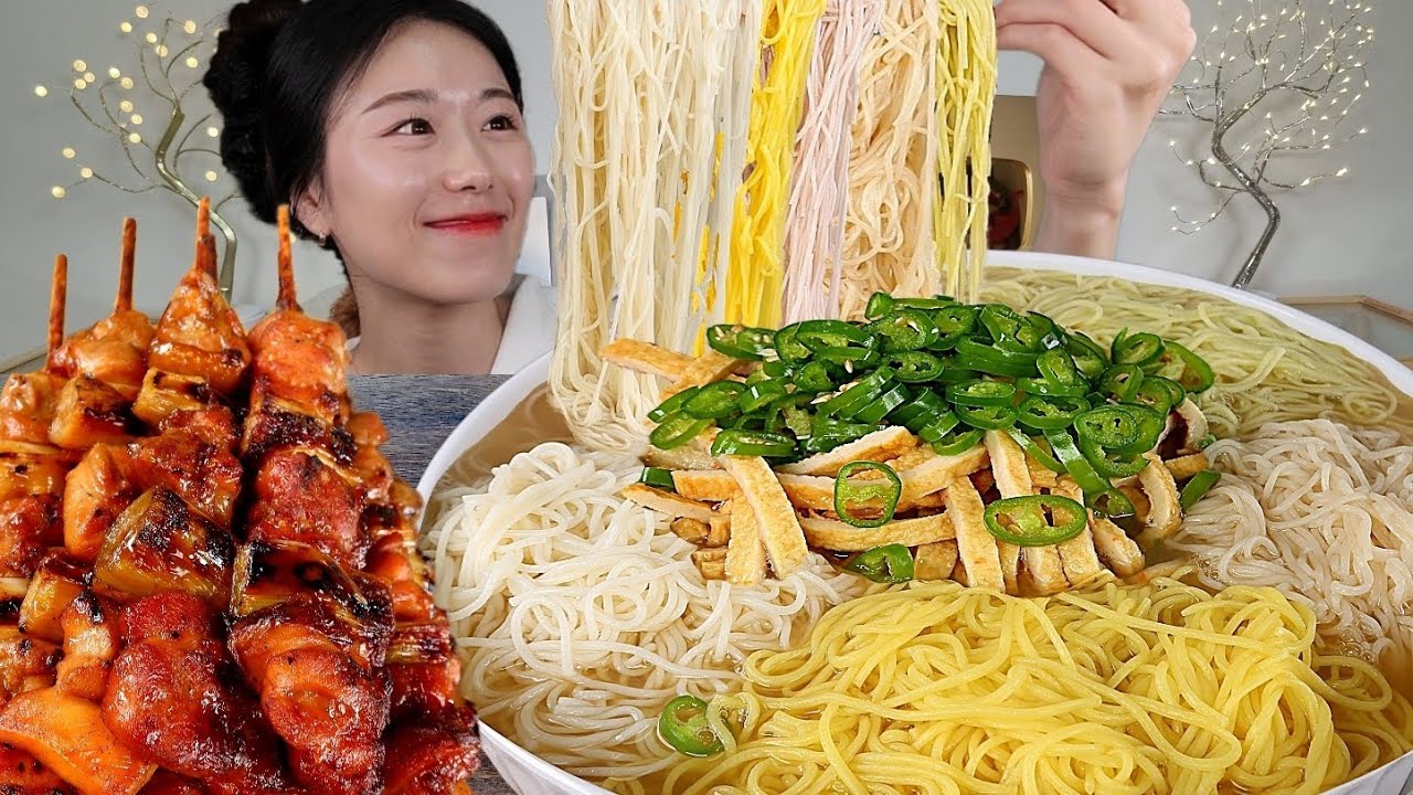 ASMR 멸치로 육수 우렸어요😁 멸치국수 파닭꼬치 리얼먹방 :) Noodle , Chicken kebabs MUKBANG