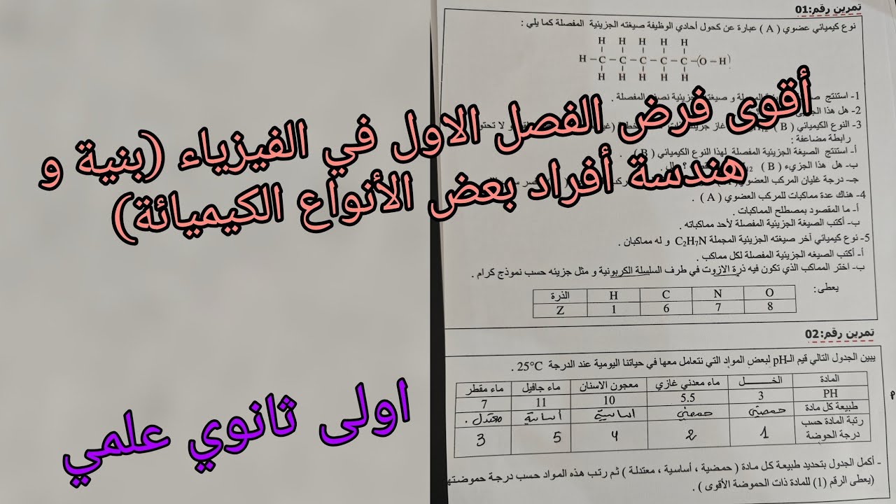 مقترح للفرض الثاني و الاختبار الفصل الاول في الفيزياء للسنة الاولى ثانوي علمي 