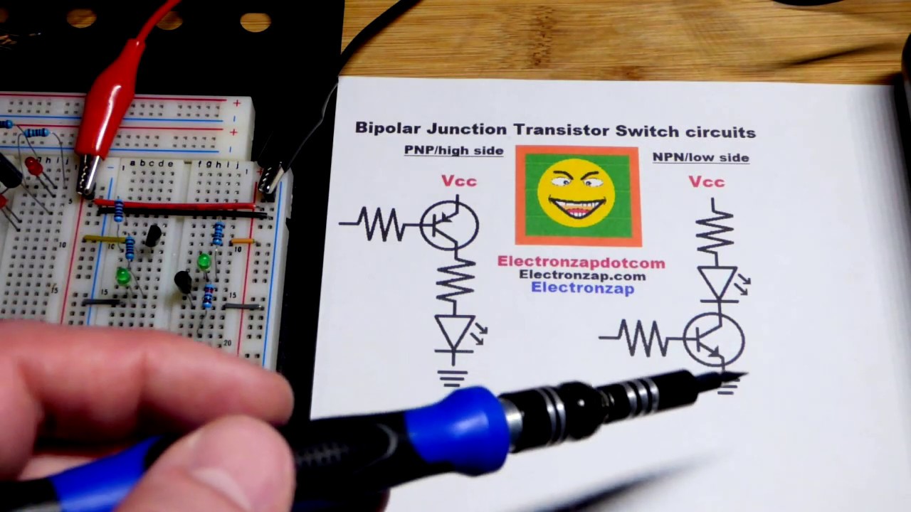 Electronics high versus low side Bipolar Junction Transistor switch circuits using NPN or PNP BJTs