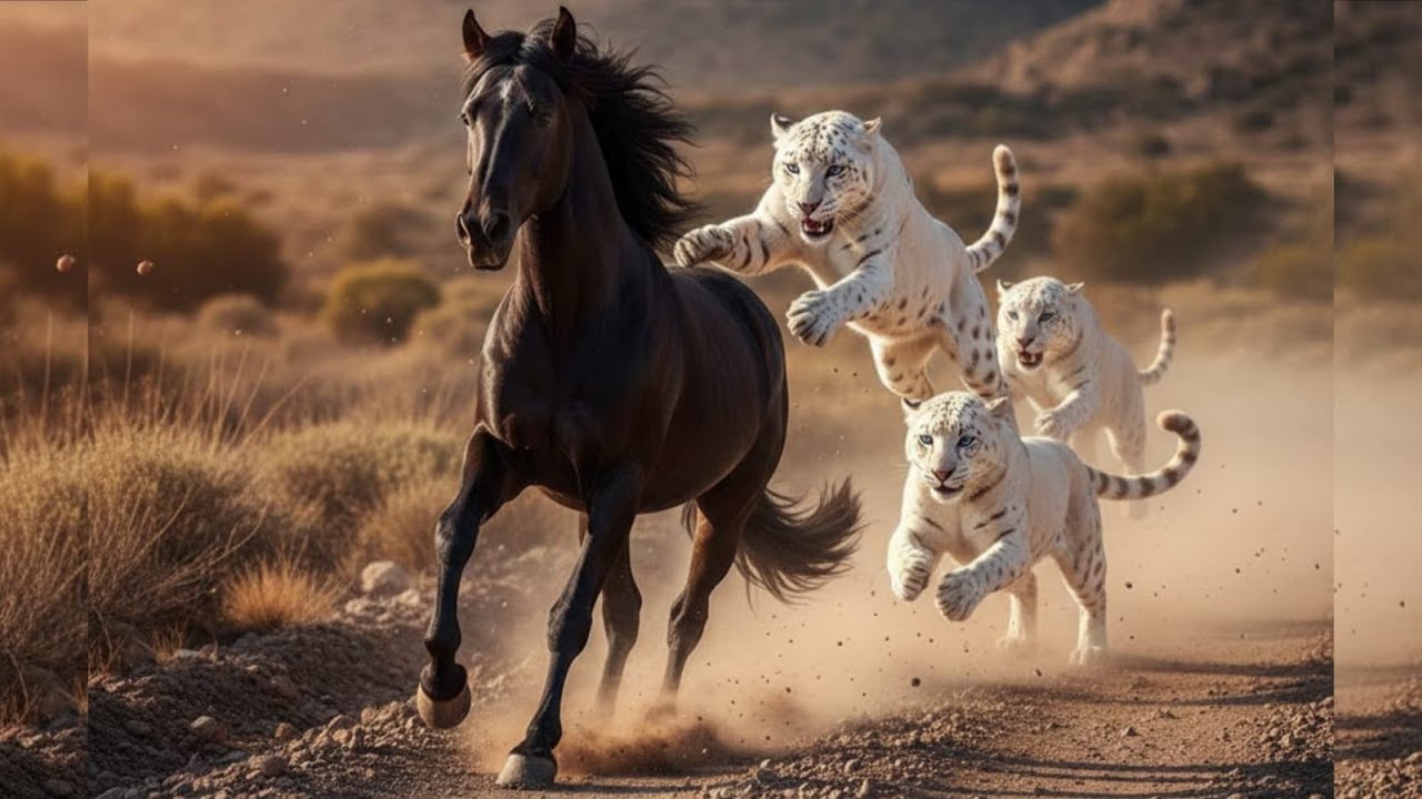 Black Arabian Horse Chased by Jaguar in the Snowy Grasslands – Intense Wild Chase