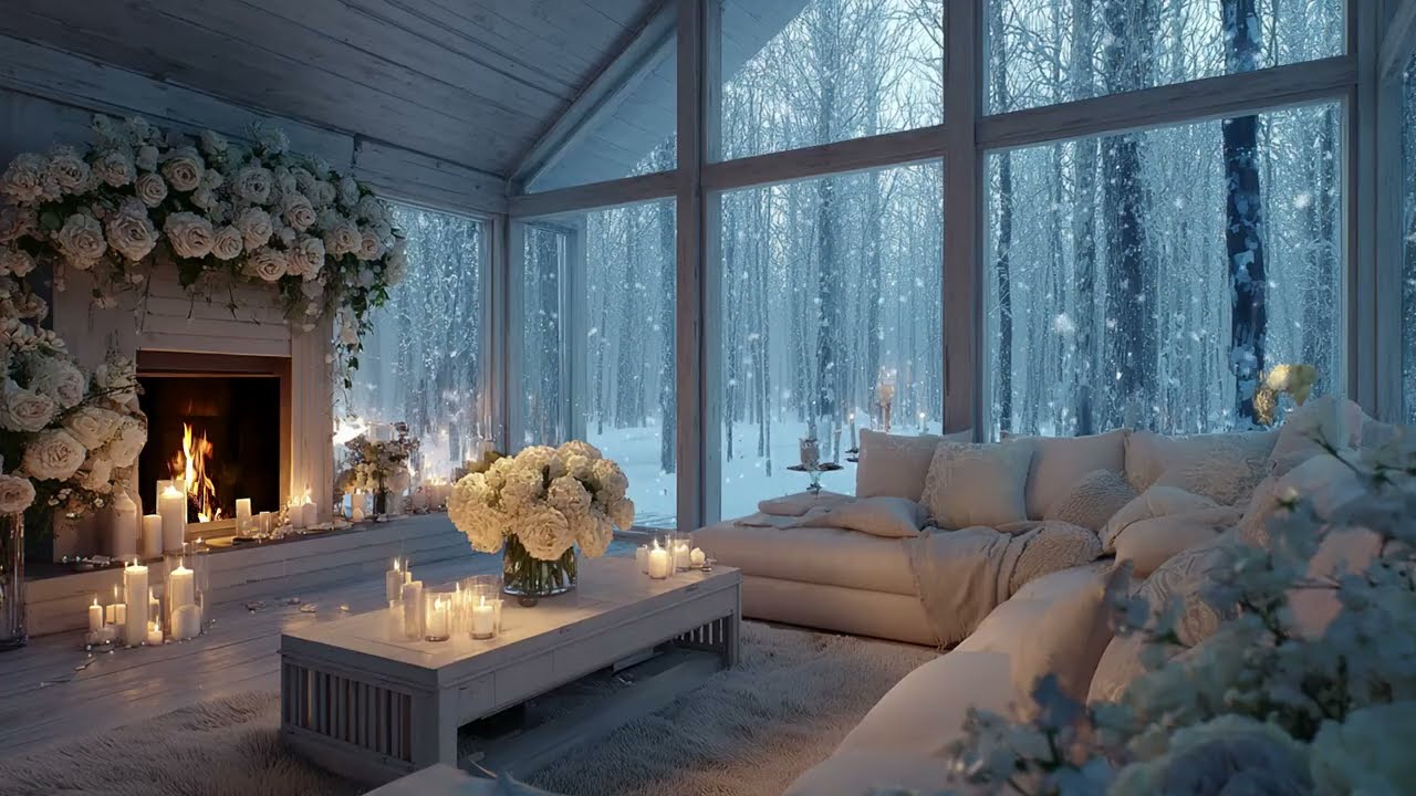 Winter Comfort Zone: Relaxing Piano Music in a Snowy Cabin with Warm Fireplace Ambience