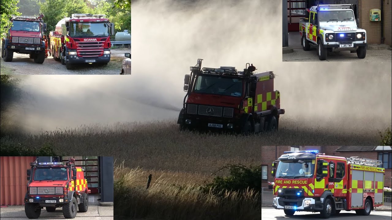 Surrey Fire & Rescue Service, S26M2 & S26O1 turning out + on scene footage at large field fire.