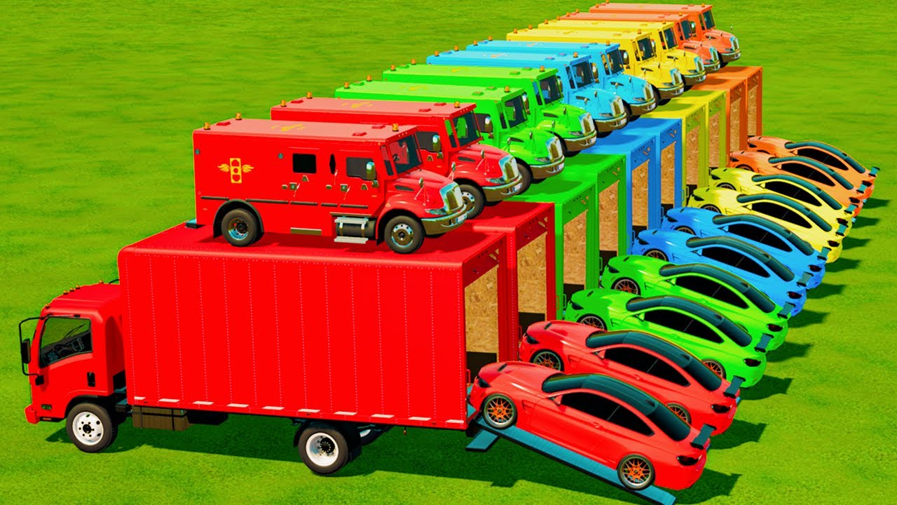 TRANSPORTING POLICE CARS, BUS, AMBULANCE & FIRE TRUCKS TO THE GARAGE | FARMING SIMULATOR 22