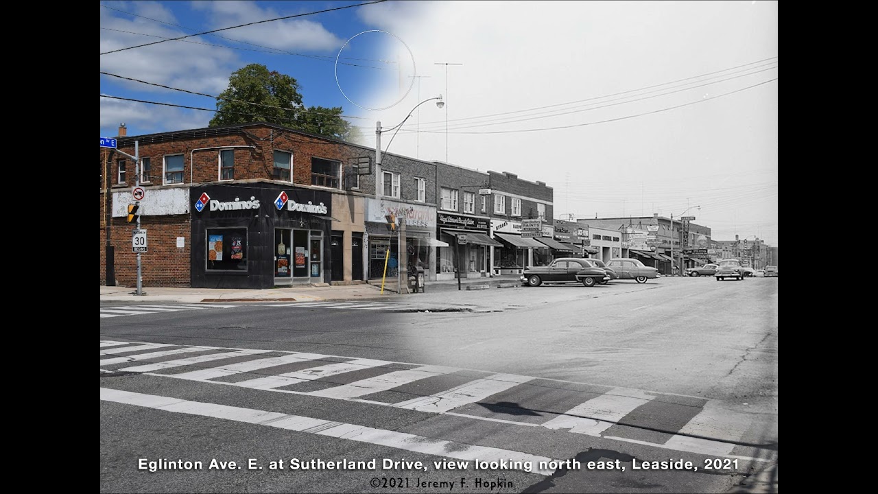 Now & Then: Eglinton Ave. E. at Sutherland Dr., Leaside, Toronto. 2021 & 1956