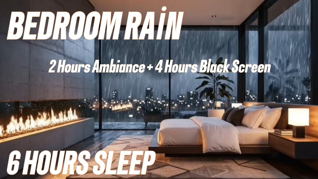 Luxury Bedroom Rain Sounds for Deep Sleep - 6 Hours Heavy Rain & Fireplace | No Music 4K