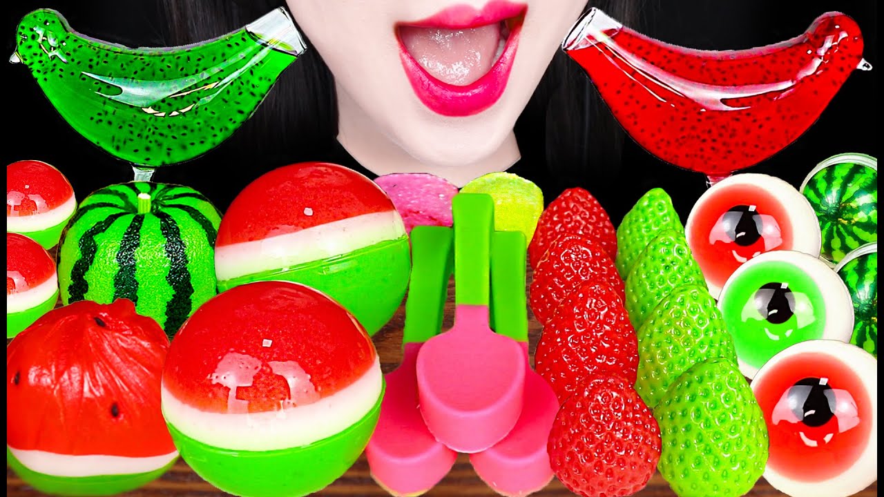 ASMR WATERMELON BIRD GLASS, EDIBLE SPOON, JELLY MUKBANG 새소리 물병, 먹는 숟가락, 수박 먹방