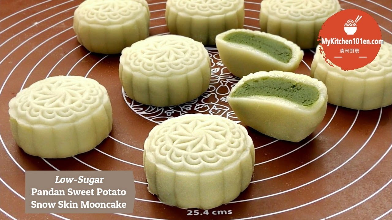 Low-Sugar Pandan Sweet Potato Paste Snow Skin Mooncake | MyKitchen101en