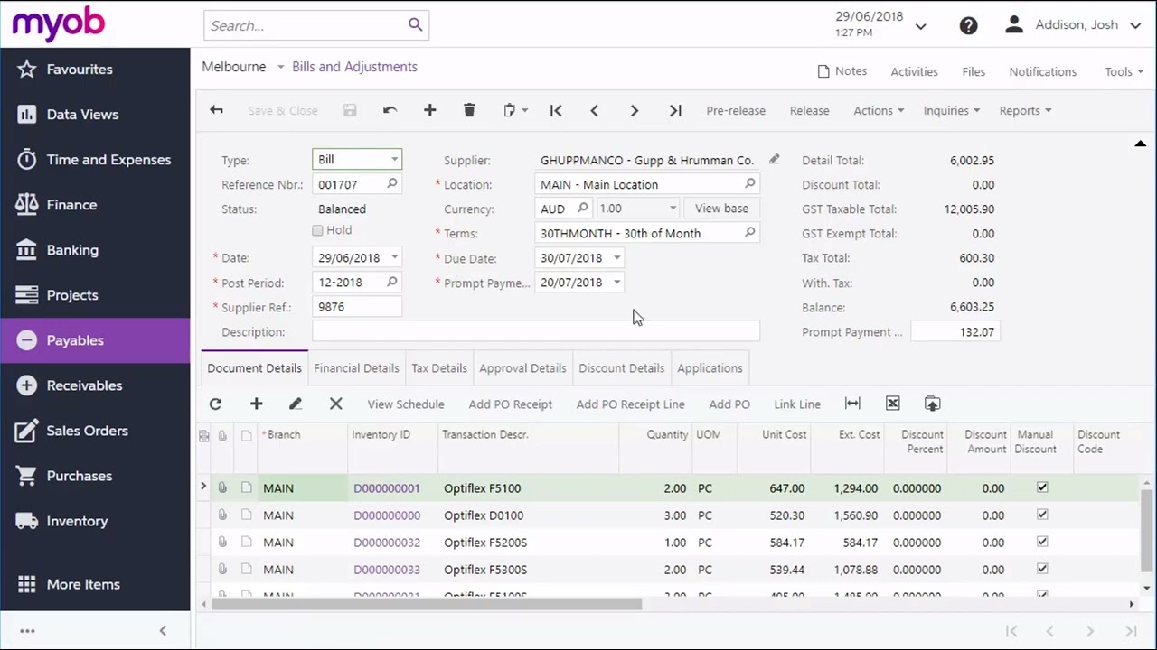 MYOB Advanced Training - Finance - Accounts Payable Managing Bills