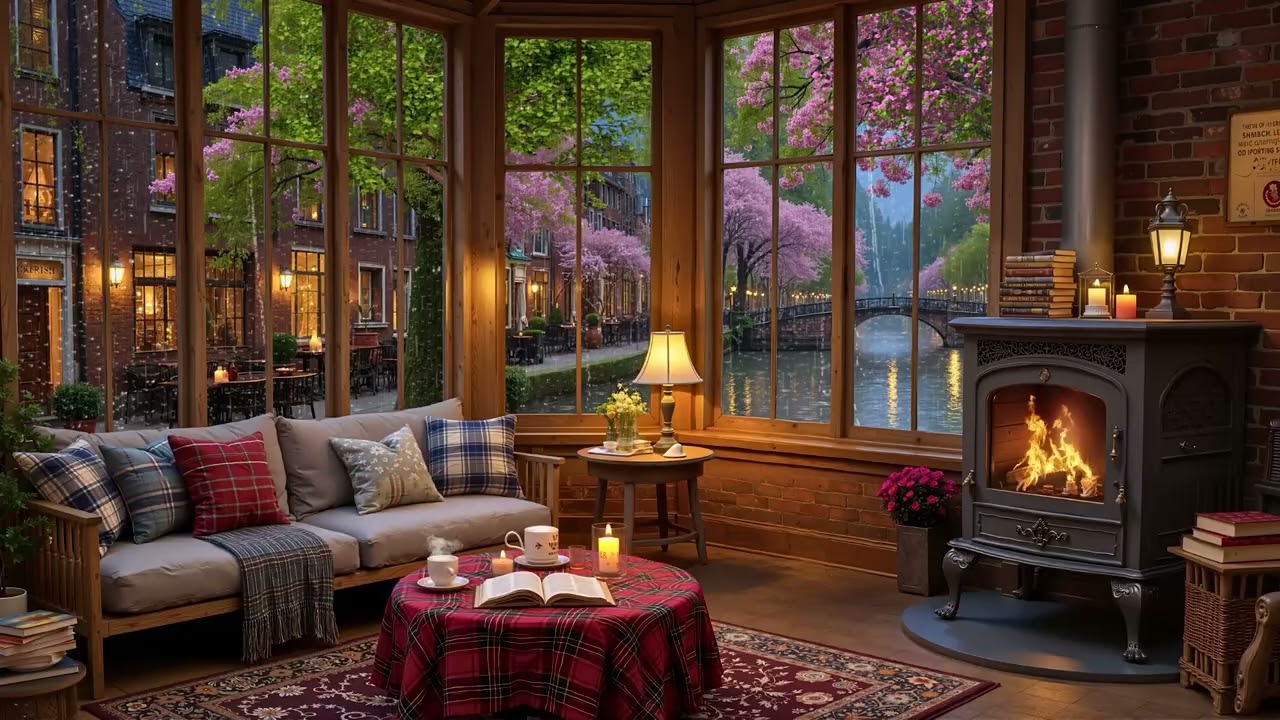 Уютная кофейня Spring Rain у озера ☕ Музыка в стиле джаз на фортепиано и камин