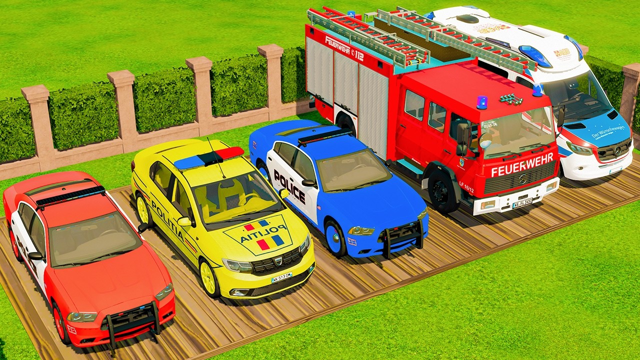 TRANSPORTING COLORFUL POLICE, AMBULANCE & FIRE TRUCKS WITH BIG TRUCKS - FS22