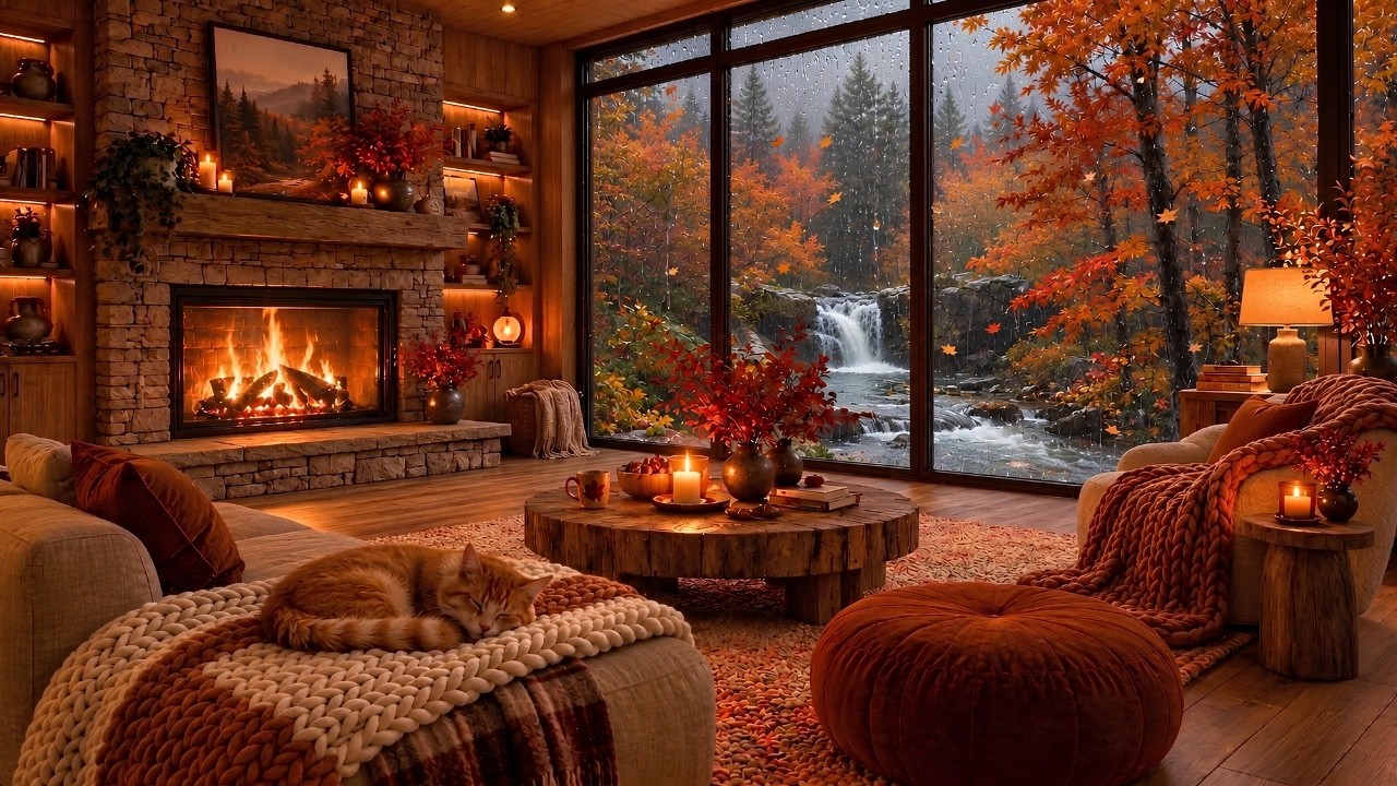 Magical Cozy Autumn Porch 🍂🌧️ Soft Jazz, Gentle Rain & Warm Fire Ambience for Relaxation & Focus