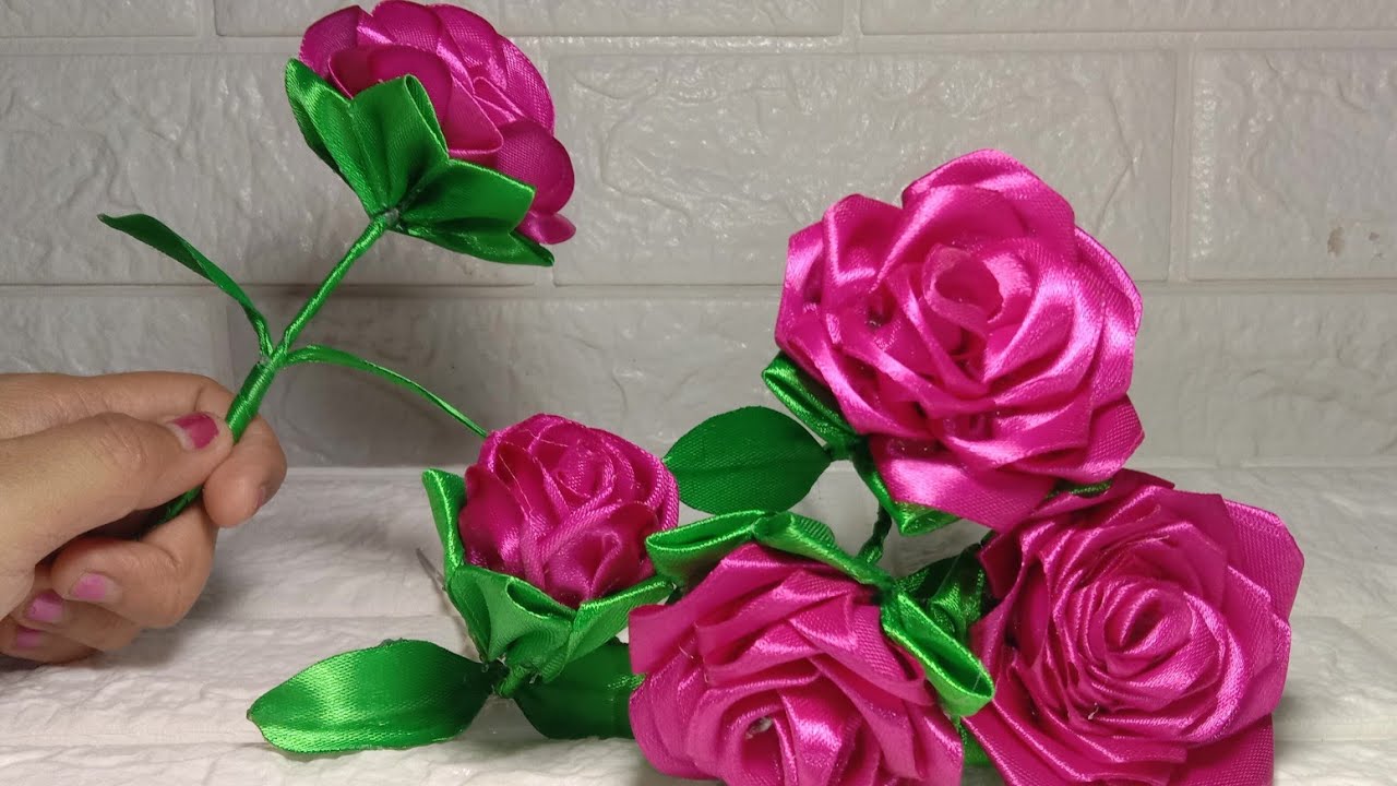 Cara membuat bunga mawar pink dari pita satin || satin ribbon 2,5 cm