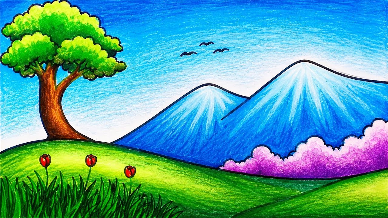 Easy Mountain Hills Scenery Drawing | How to Draw Simple Nature Scenery for Beginners