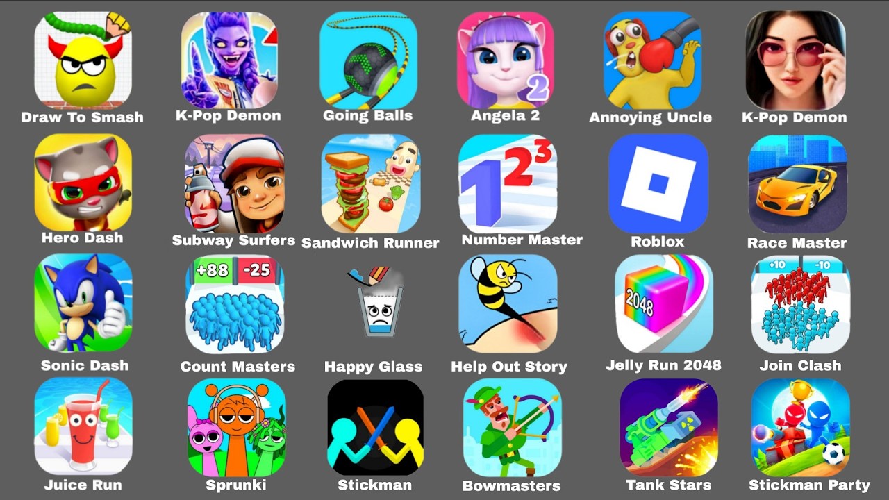 Minecraft,Bowmasters,Zombies Tsunami,Hcr 2,Granny,Stick War Legacy,Going Balls,Roblox,Mario Run