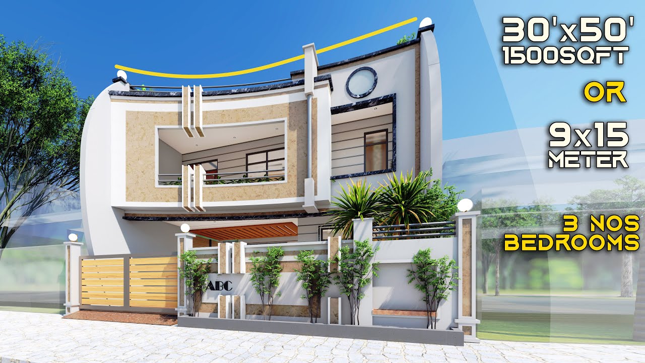30X50 Feet | 9X15 Meter | 1500 sqft House Design with Curved unique facade design | 165 Gaj | ID-139