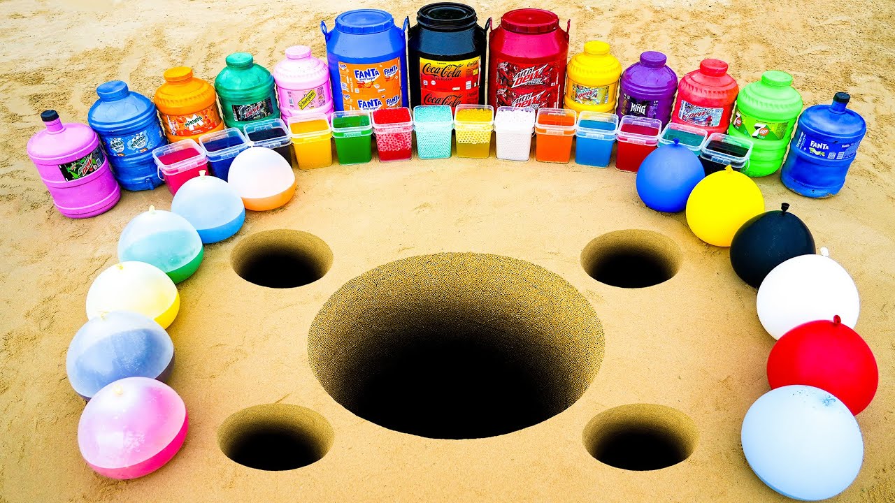 Giant bucket of Coca Cola, Fanta, Mtn Dew, Big Balloons Soda vs Mentos in the Underground