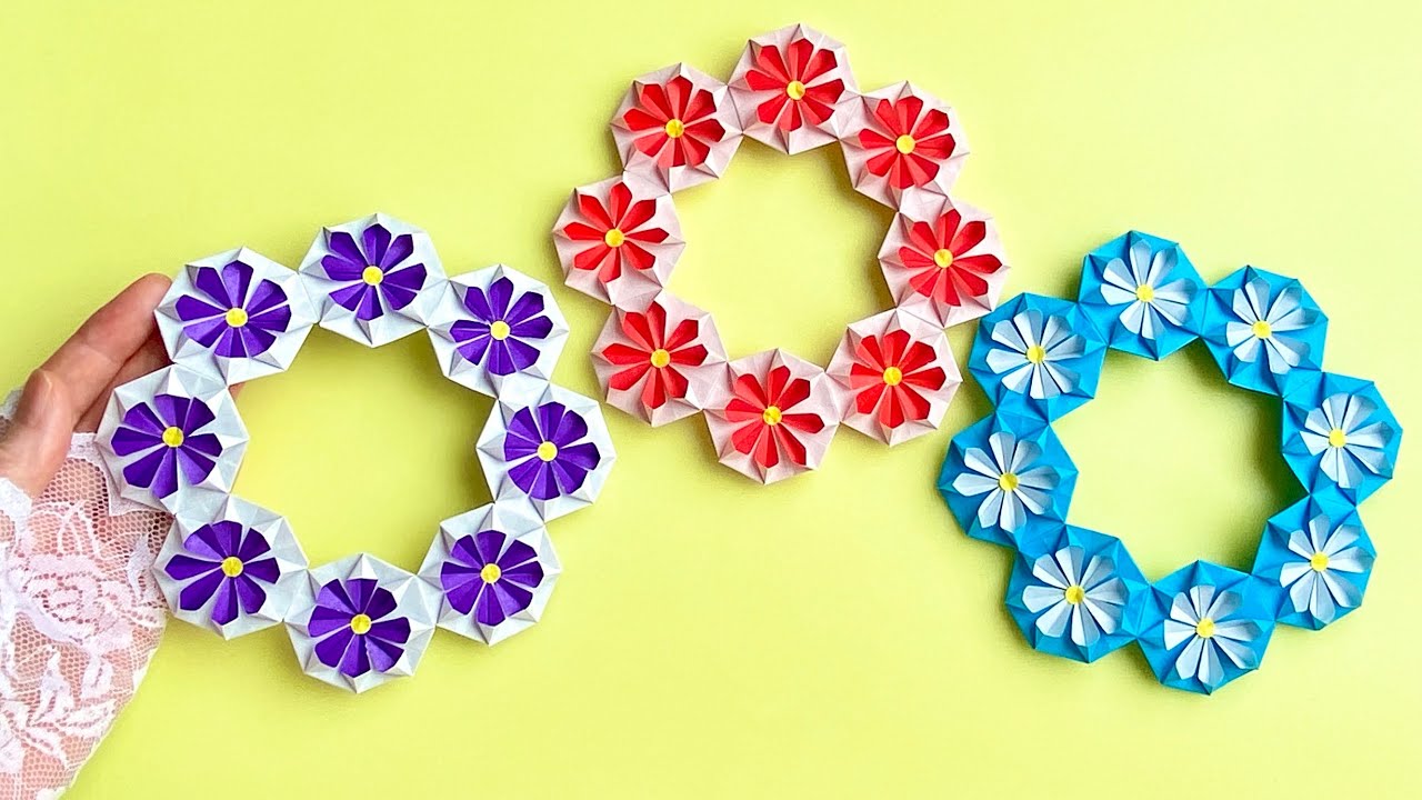 【折り紙】花のミニリース／【Origami】Small Flower Wreath
