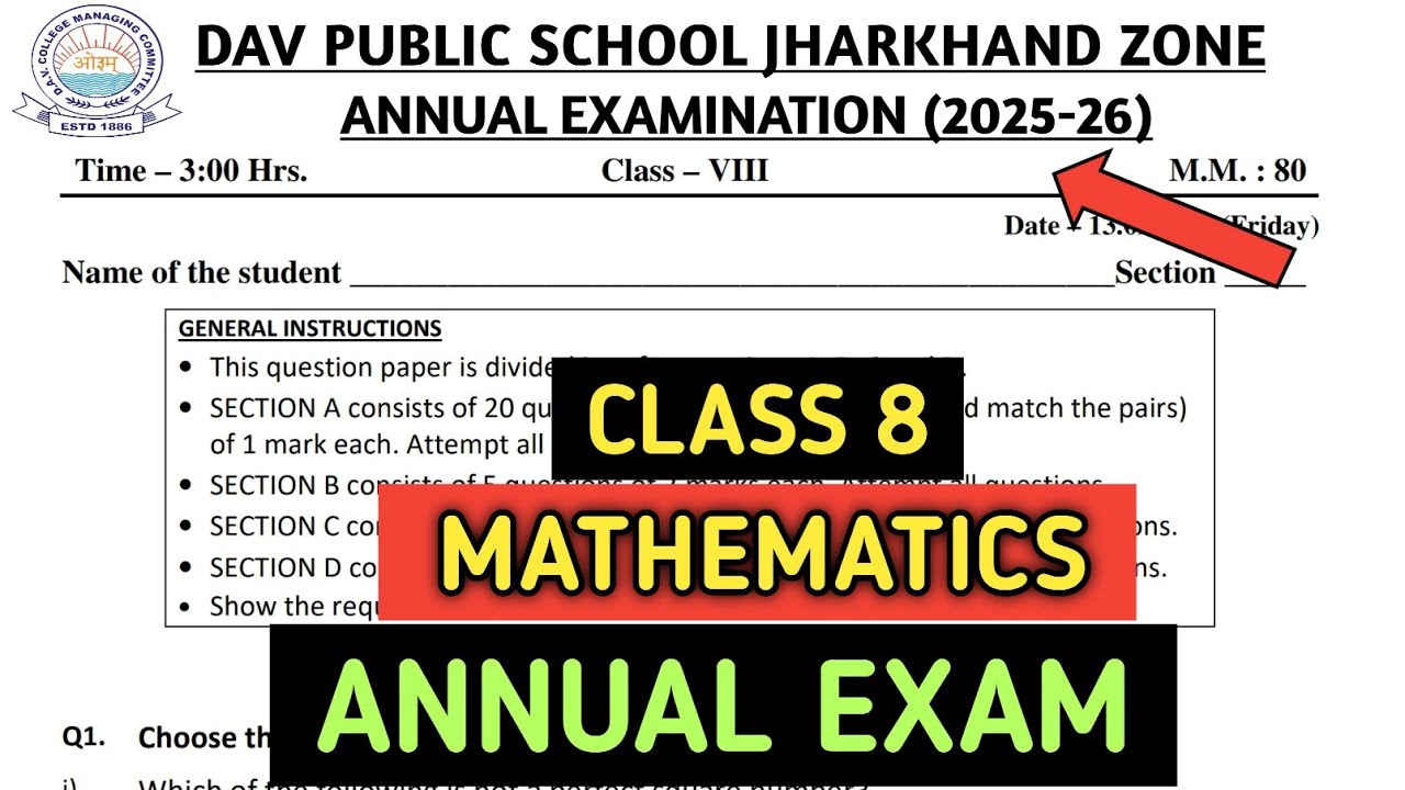 Dav class 8 question paper of maths of annual/final exam 2026 | Dav paper Zone | 2025-26 | 