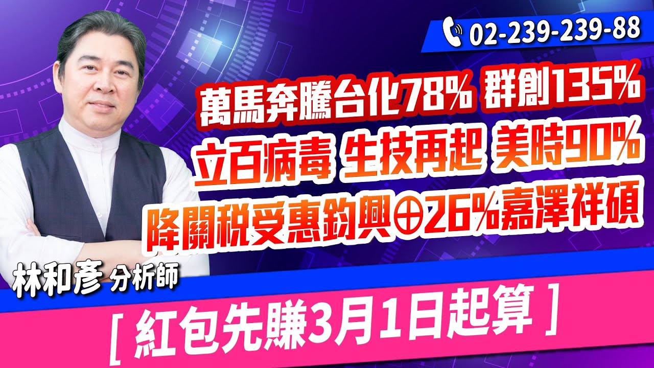 理周TV-20260128盤後-林和彥 時間密碼／萬馬奔騰台化78% 群創135% 立百病毒 生技再起 美時90%   降關稅受惠鈞興&oplus;26%嘉澤祥碩   [ 紅包先賺3月1日起算 ]