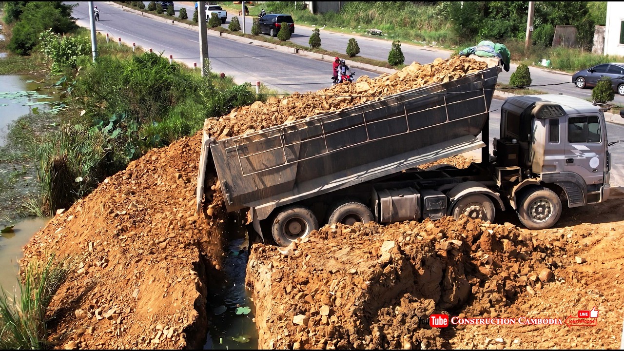 Amazing Land Reclamation Process! Bulldozer Spreading Soil & Dump Trucks Working Together