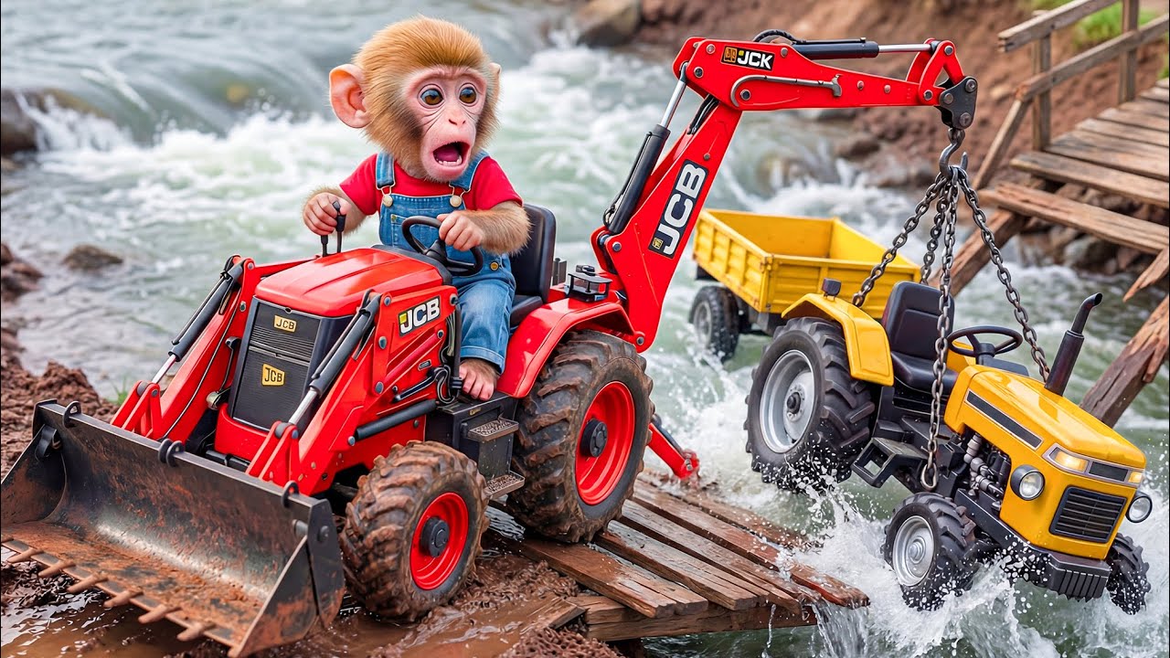 Monkey Nana the Tractor Excavator to Rescue His Tractor After His Fell Into a Big Hole
