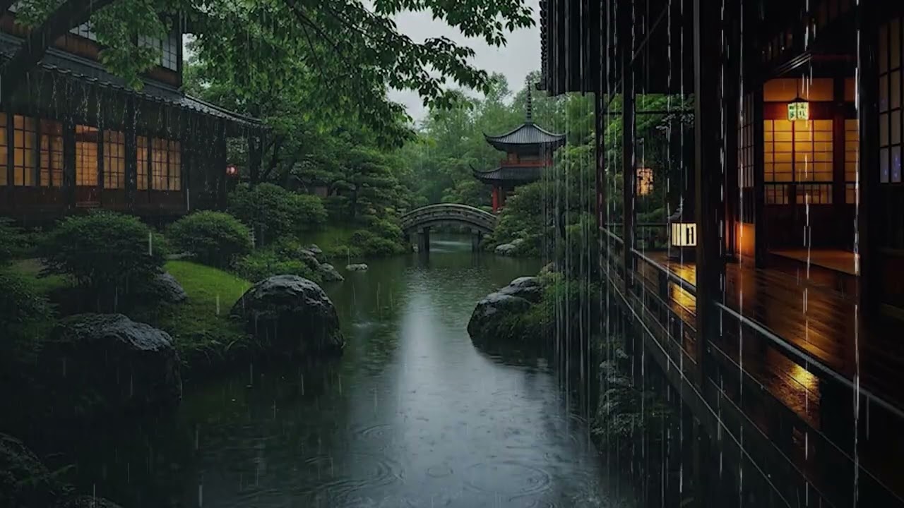 🌧️Gentle Rain on Wooden Cabin by Garden Pond to Ease Stress | ASMR Forest Rain to Sleep Better