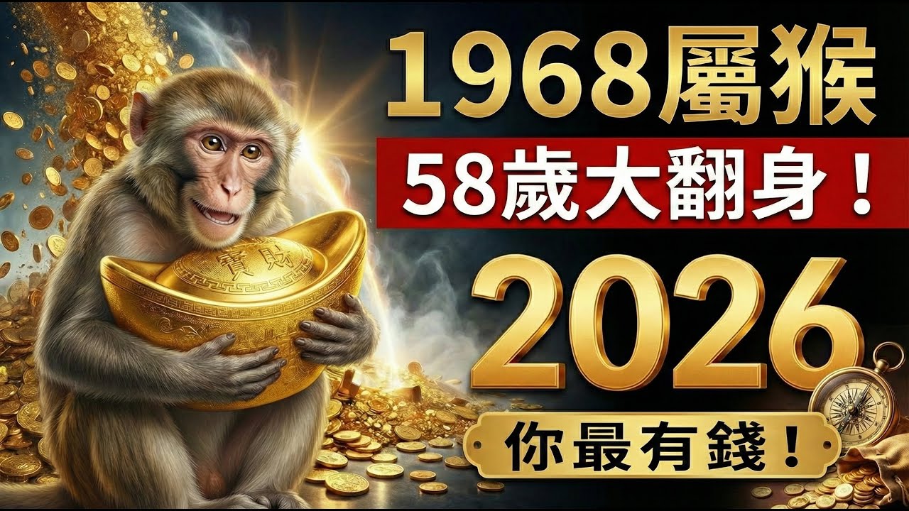 1968年屬猴人，2026年58歲「申猴旺財」！2026年最有錢的就是你！#1968年屬猴 #屬猴2026 #2026生肖猴運勢 #生肖猴 #招財 #風水 #屬猴運勢 #偏財運 #五行 #生肖猴財運