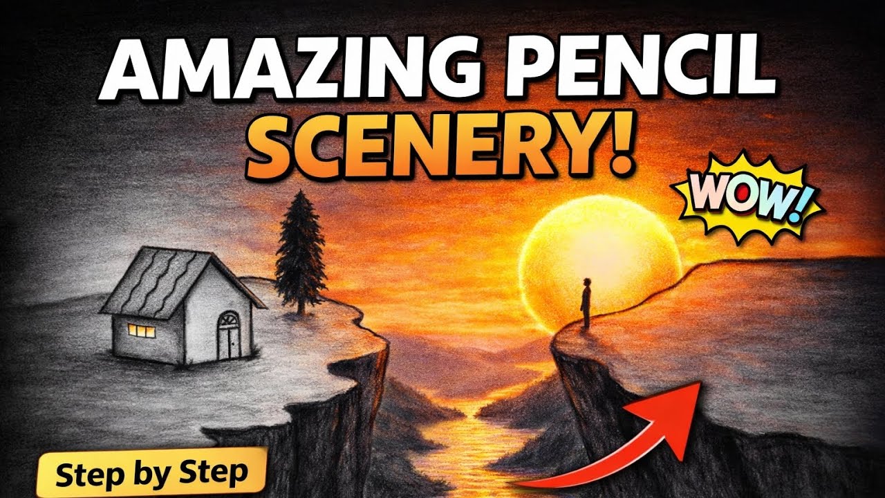 Beautiful Sunset Scenery Drawing with Pencil | Easy Landscape Sketch for Beginners”