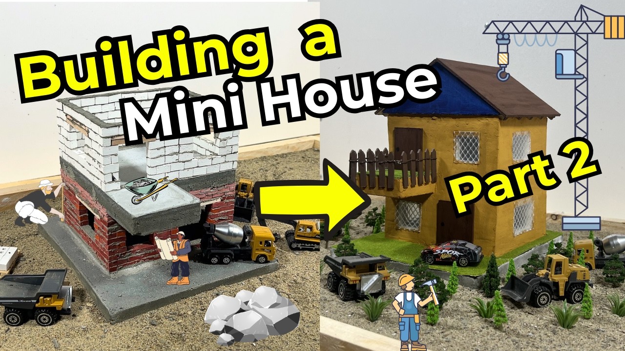 Building a Mini Brick House Part 2  Roof Framing, Plastering & Full Exterior Finish  Tiny Constructi