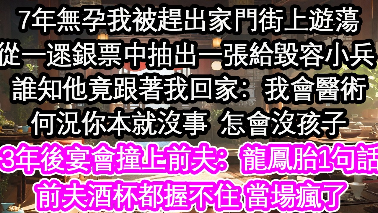 7年無孕我被趕出家門街上遊蕩從一遝銀票中抽出一張給毀容小兵 誰知他竟跟著我回家：我會醫術何況你本就沒事  怎會沒孩子3年後宴會撞上前夫：龍鳳胎1句話前夫酒杯都握不住 當場瘋了【花開】【愛情】【生活】