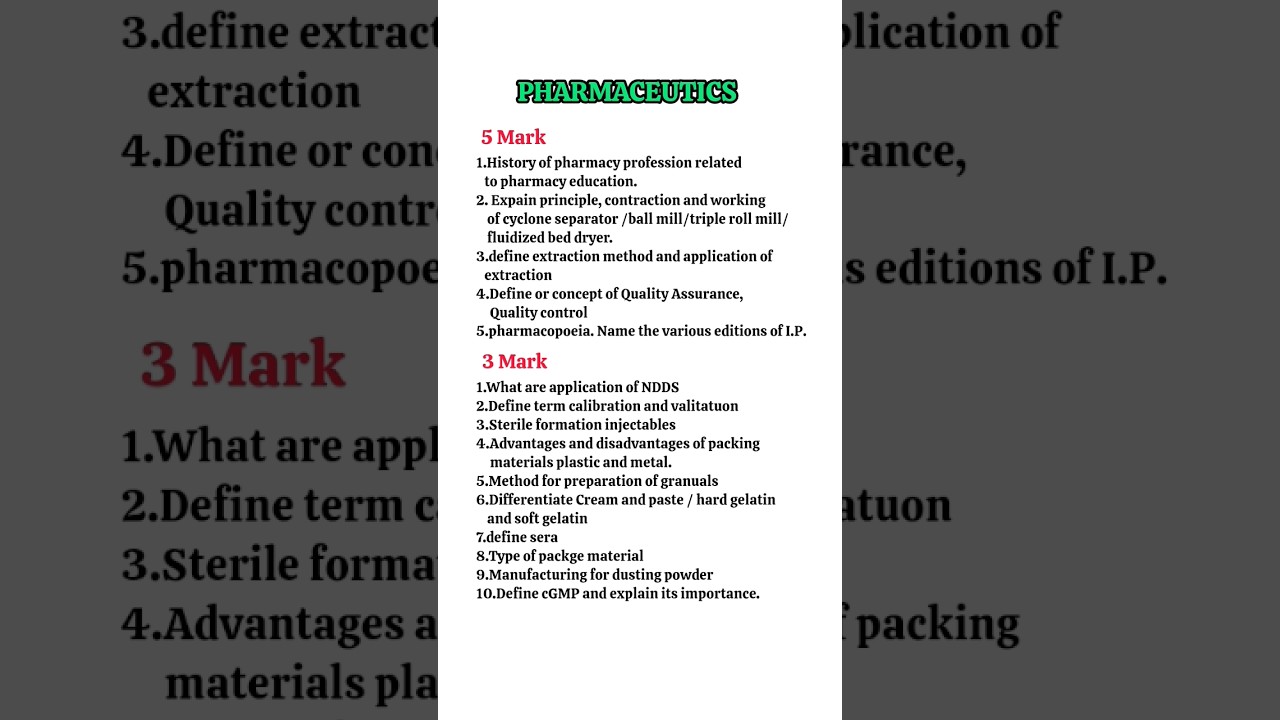 Pharmaceutics important questions #dpharm #pharmacy #viral #importantquestions