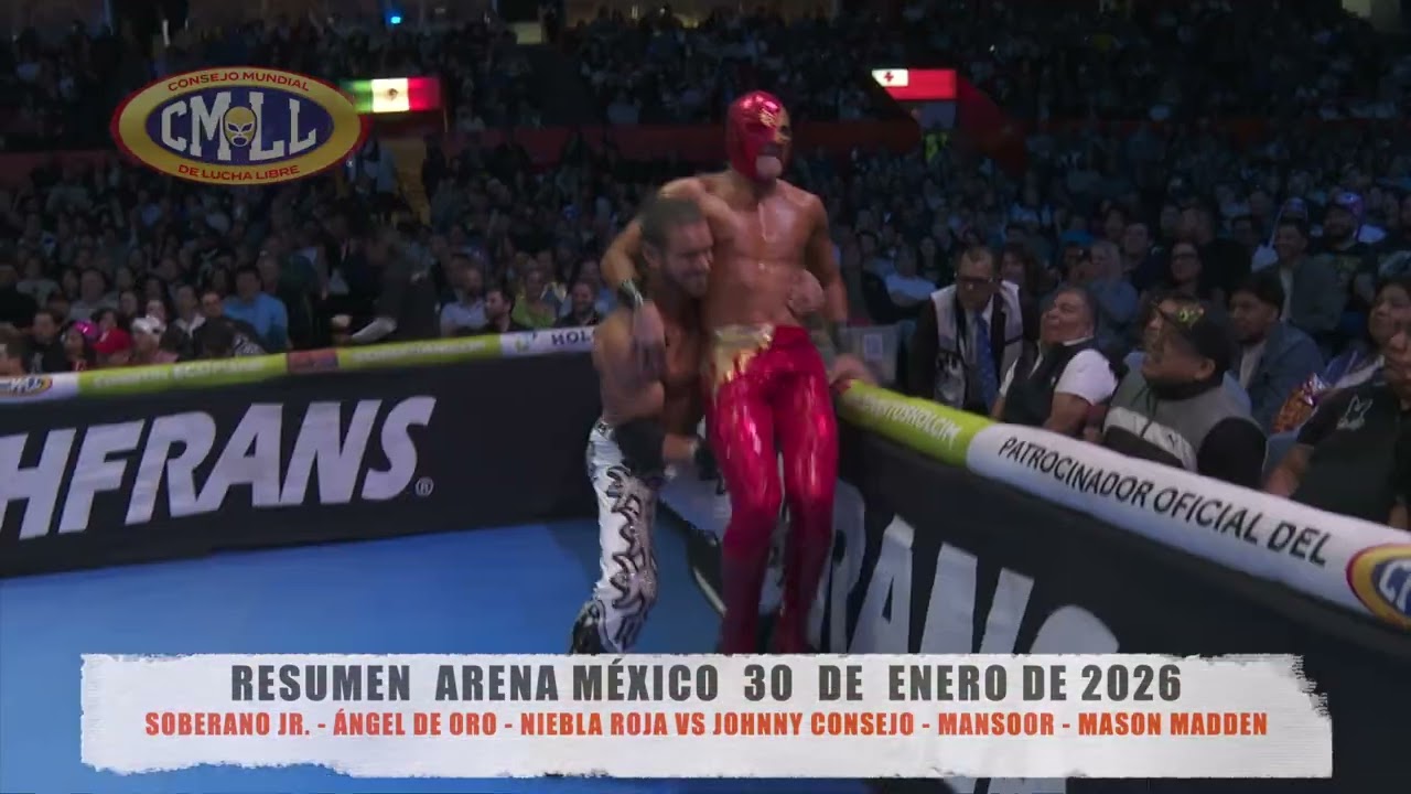 CMLL-SOBERANO JR.-ÁNGEL DE ORO-NIEBLA ROJA VS JOHNNY CONSEJO-MANSOOR-MASON MADDEN/A. MÉXICO/30-01-26