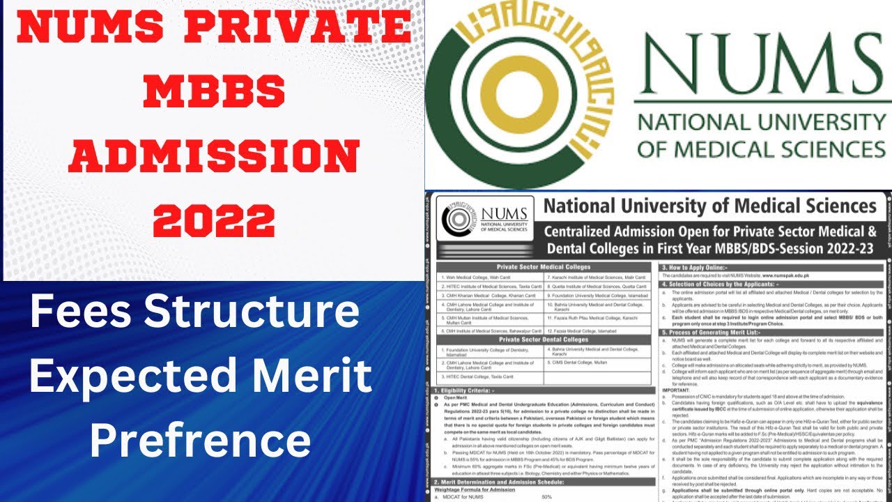NUMS Private MBBS & BDS Admission Process 2022 |Fees Structure, Last year closing merits & Prefrence