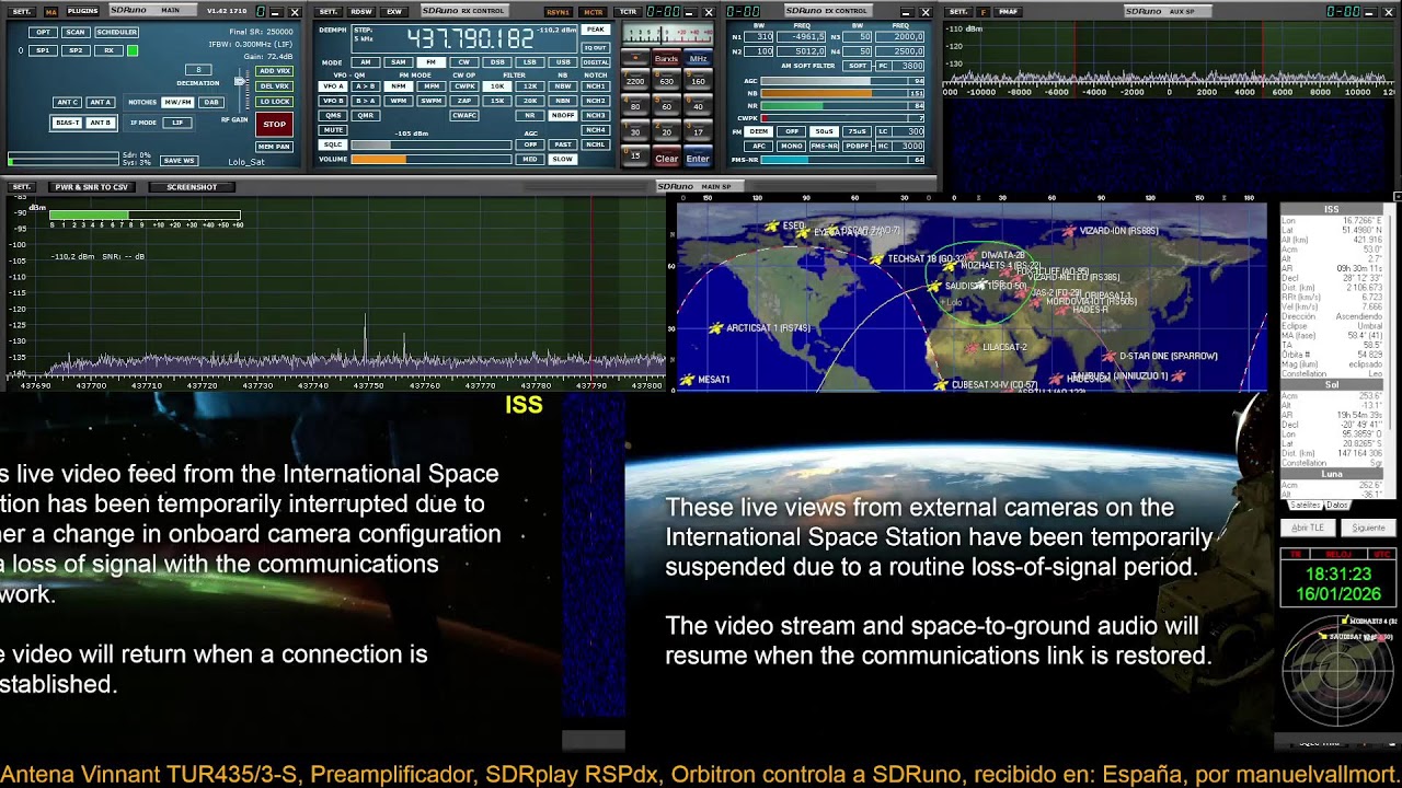ARISS ISS QSO radioaficionados, 437.800 MHz, Directo, recibira en España el 16/01/2026 a 18:22 UTC.