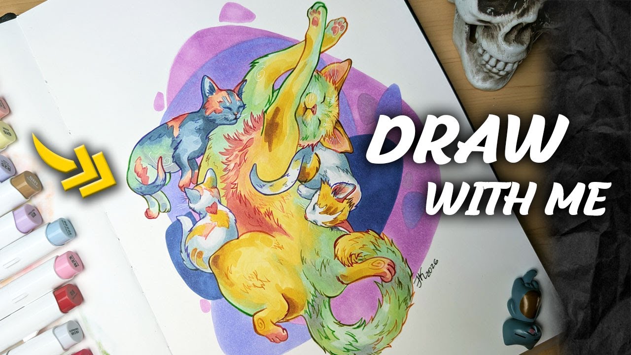 Cozy Marker Art Process | Cat Family Illustration