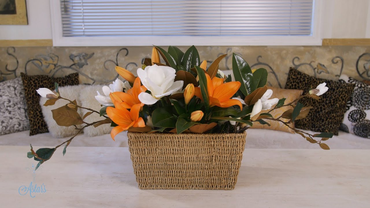 Floristry Design Tutorial: Magnolia and Tiger Lilies in a Wicker Basket