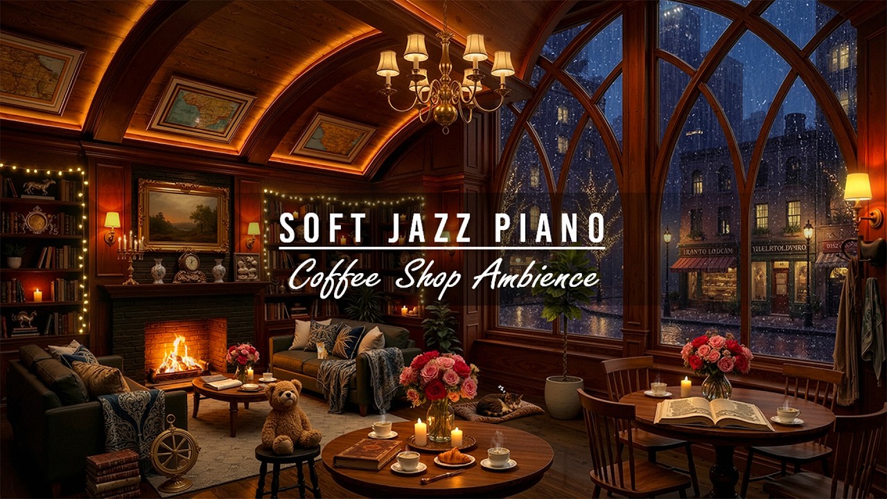 Cozy Coffee Shop Ambience in the Gentle Rain | Soft Jazz Piano & Crackling Fireplace for Work, Relax