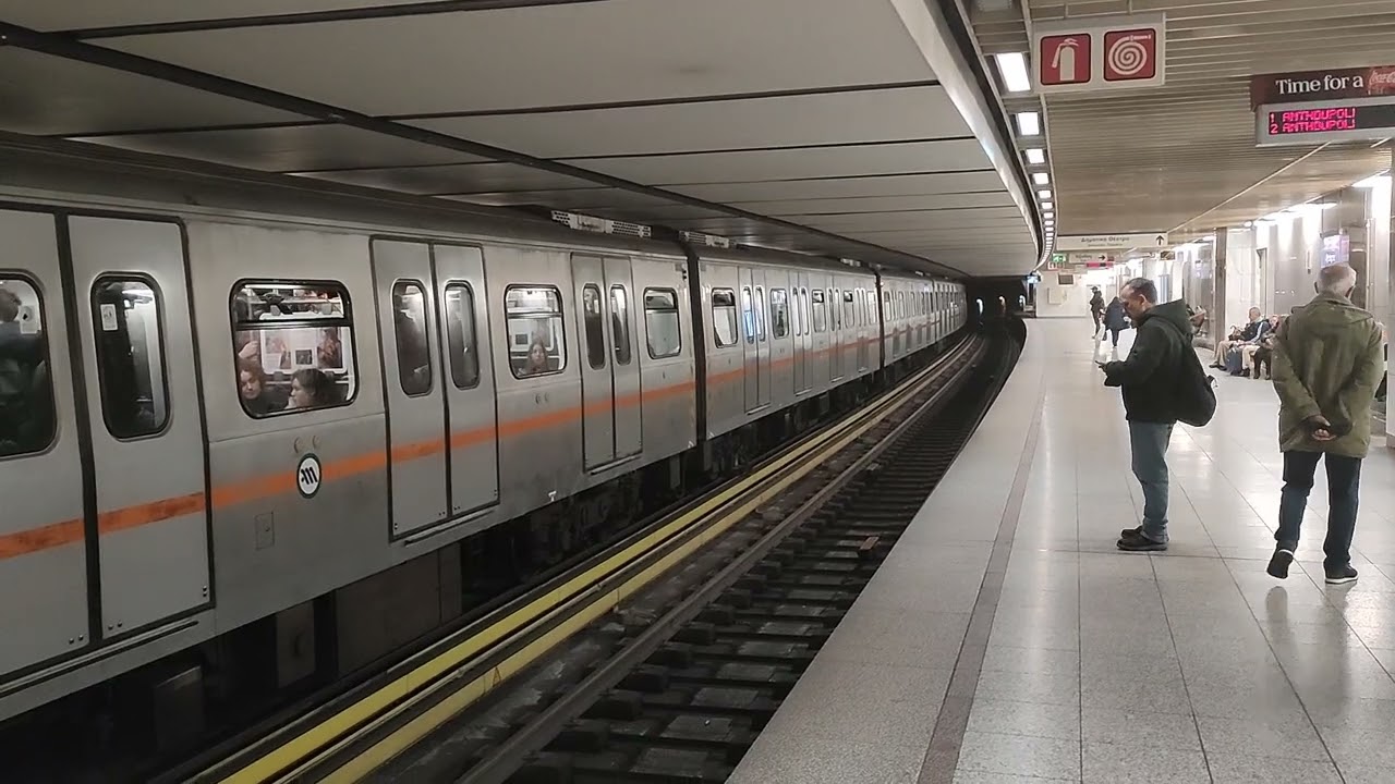 Athens metro 2nd generation train arriving and departing Syntagma station (Line 2)
