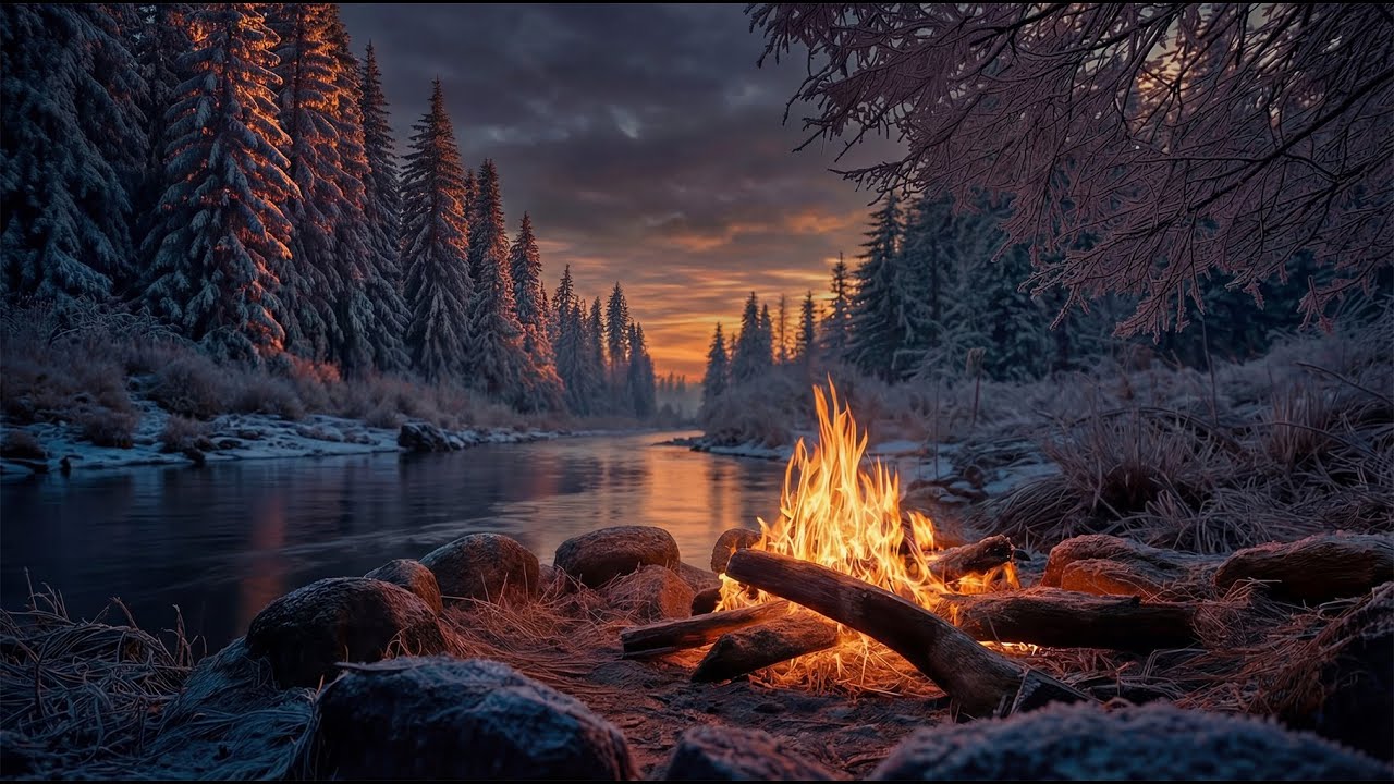 Crackling Fire at Winter Sunset 🔥 Campfire Ambience and Fireplace Sounds by a Forest River