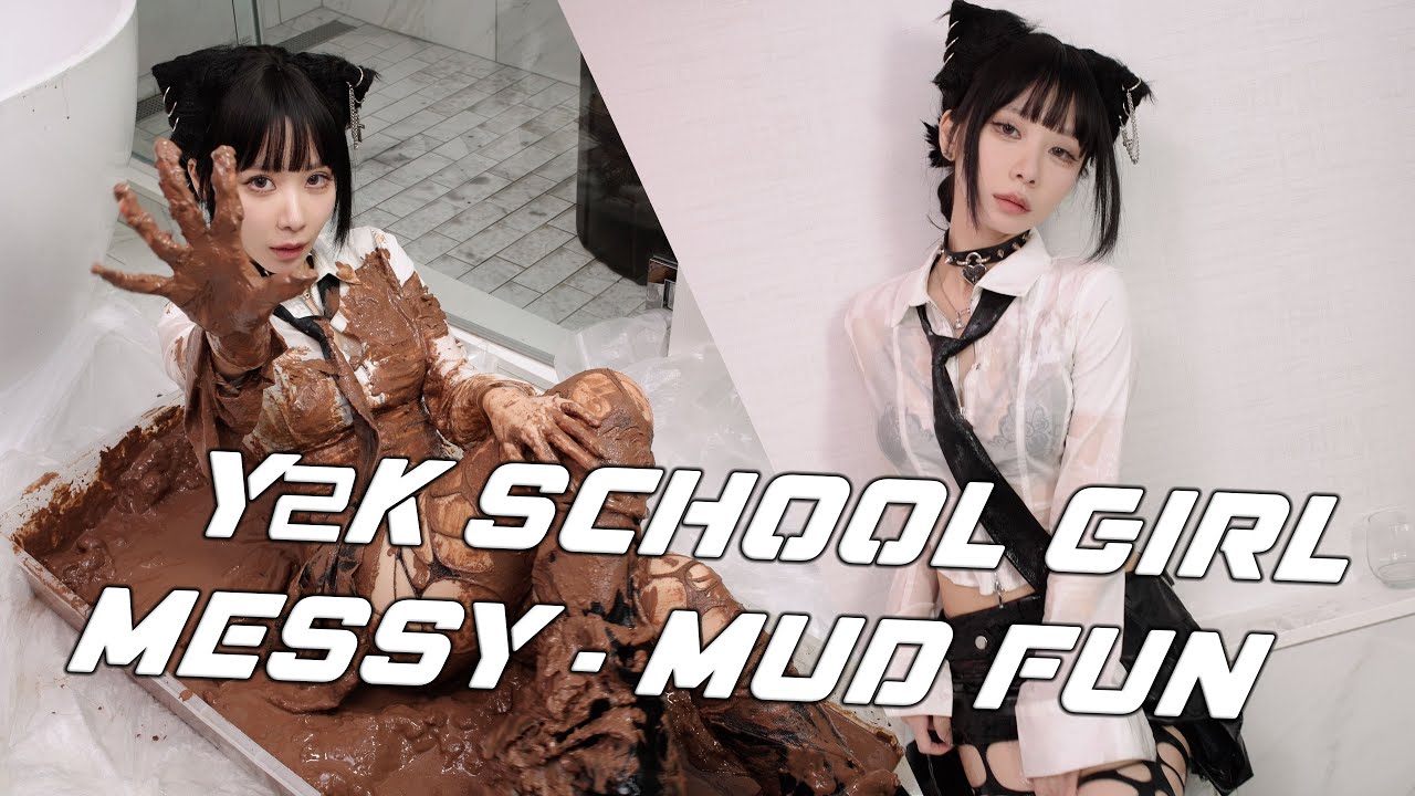 Muddy Wet Y2K School Girl Destroys White Shirt & Leather Skirt in Mud & Black Slime Trash Bin!