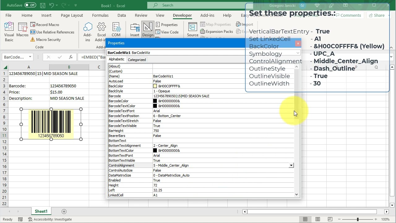 Supplemental Text in Barcodes Using LinkedCell in Excel with BarCodeWiz ActiveX Control