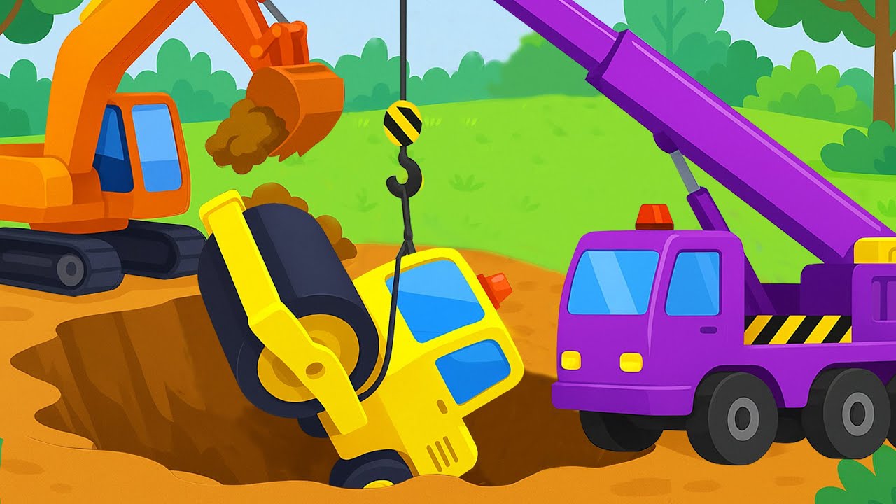 Excavator is digging soil!! Crane saves road roller falling into hole 🚨 | Construction Vehicles